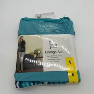 Felina Womens 2 Piece Lounge Set Maui Blue Diamond Stripe Knit Jersey Small NEW